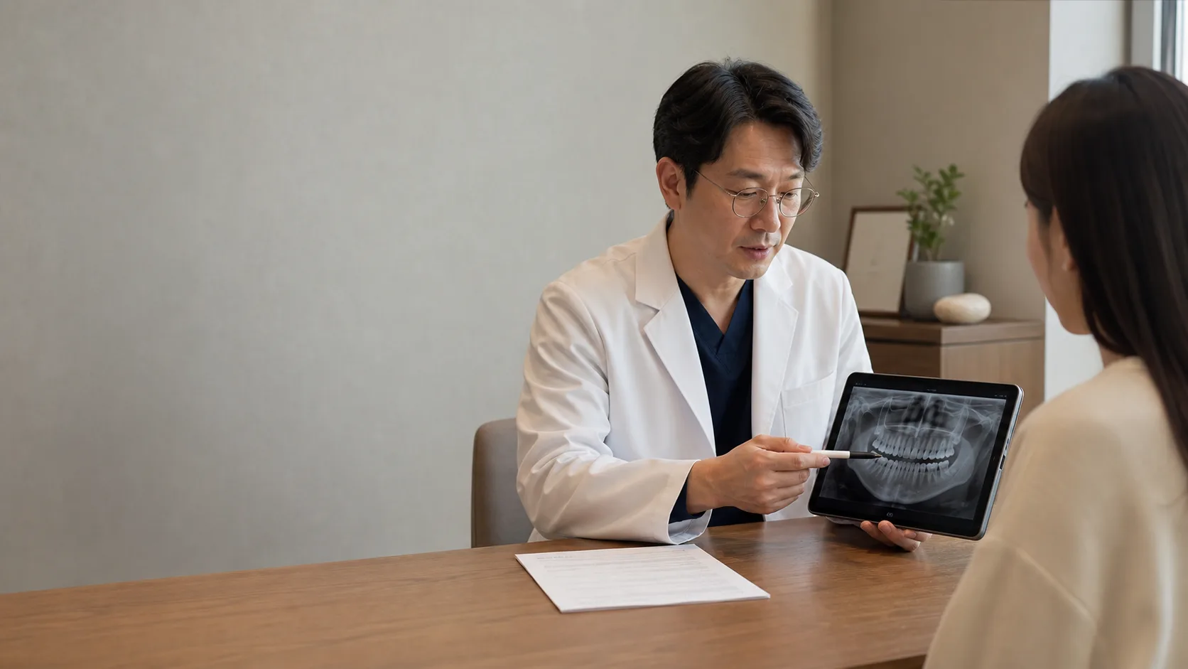 A dentist showing a patient an X-ray on a tablet
